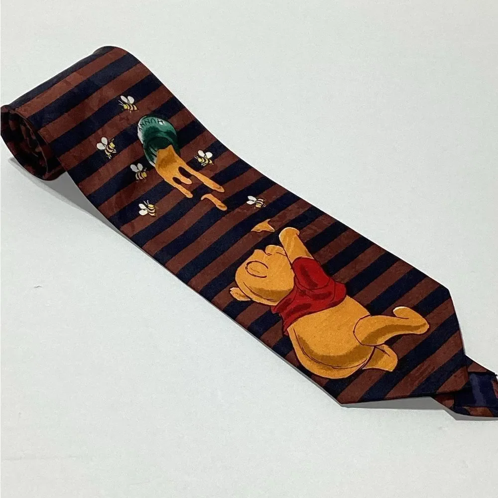 Winnie the Pooh Bear Striped Tie Honey Bees Navy Brown Stripe Print Classic